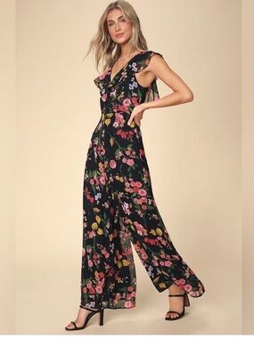 Lulu's Black Floral Wide Leg Jumpsuit